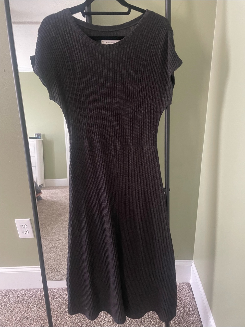 Everlane Black Ribbed Midi Knit Dress with Short Sleeves